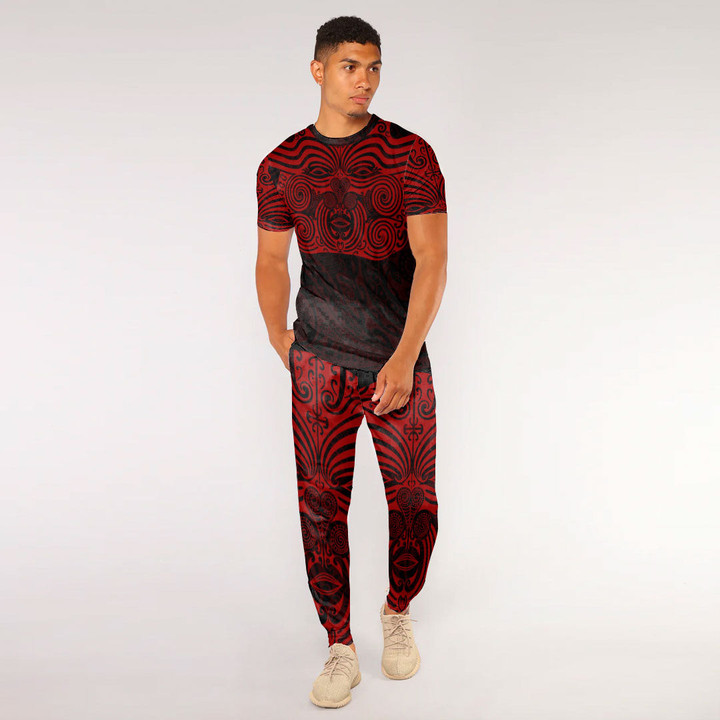 RugbyLife Clothing - Polynesian Tattoo Style Maori Traditional Mask - Red Version T-Shirt and Jogger Pants A7 | RugbyLife