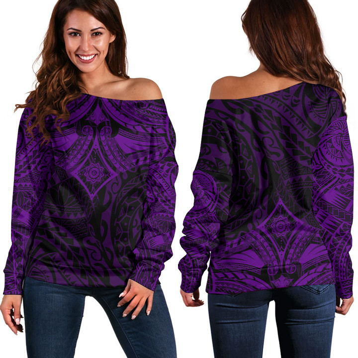 RugbyLife Clothing - Polynesian Tattoo Style Flower - Purple Version Off Shoulder Sweater A7 | RugbyLife