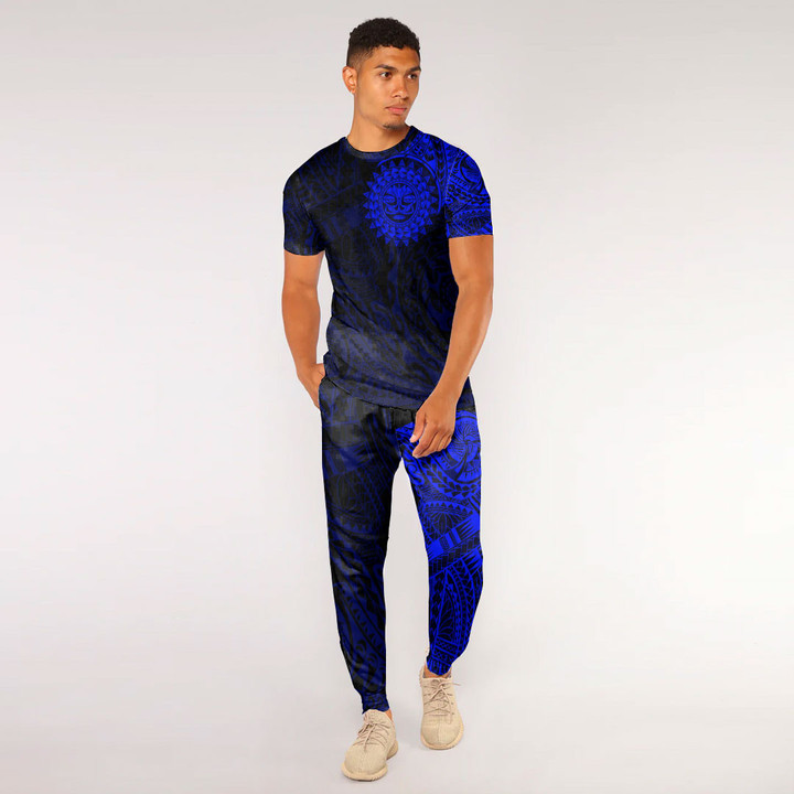 RugbyLife Clothing - Polynesian Sun Tattoo Style - Blue Version T-Shirt and Jogger Pants A7 | RugbyLife