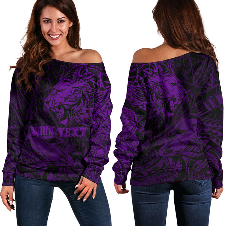 RugbyLife Clothing - Polynesian Tattoo Style Tribal Lion - Purple Version Off Shoulder Sweater A7 | RugbyLife