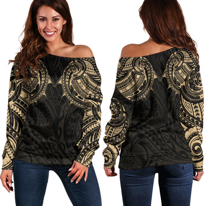 RugbyLife Clothing - Polynesian Tattoo Style - Gold Version Off Shoulder Sweater A7 | RugbyLife