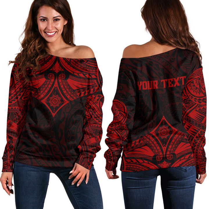 RugbyLife Clothing - (Custom) Polynesian Tattoo Style Flower - Red Version Off Shoulder Sweater A7 | RugbyLife