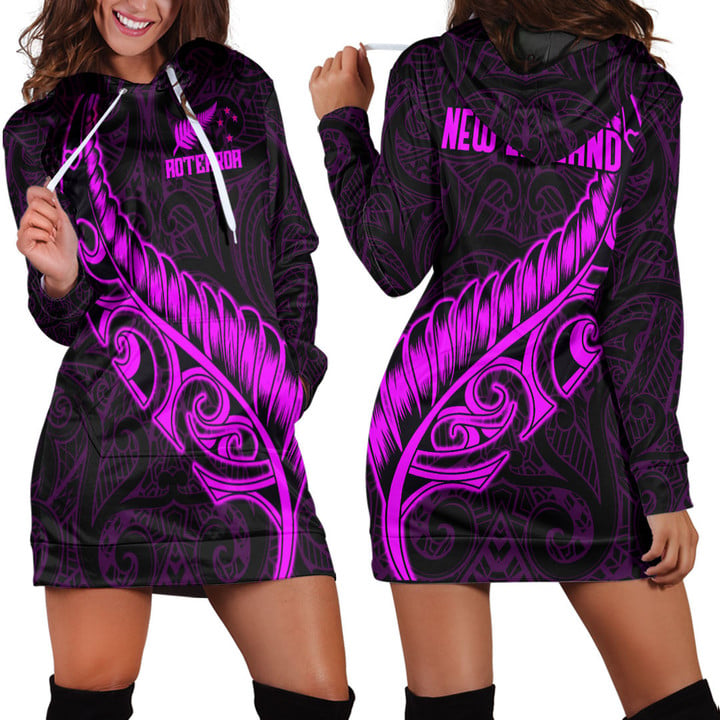 RugbyLife Clothing - New Zealand Aotearoa Maori Fern - Pink Version Hoodie Dress A7 | RugbyLife