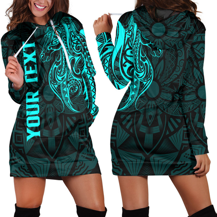 RugbyLife Clothing - (Custom) Polynesian Tattoo Style Horse - Cyan Version Hoodie Dress A7 | RugbyLife