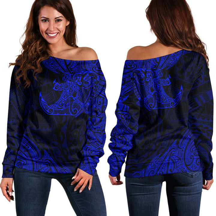 RugbyLife Clothing - Polynesian Tattoo Style Surfing - Blue Version Off Shoulder Sweater A7 | RugbyLife