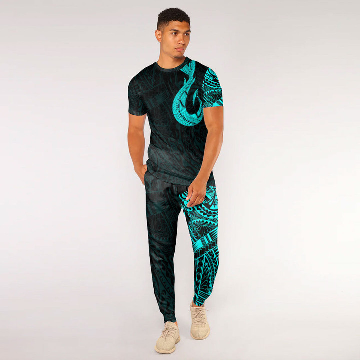 RugbyLife Clothing - Polynesian Tattoo Style Hook - Cyan Version T-Shirt and Jogger Pants A7 | RugbyLife