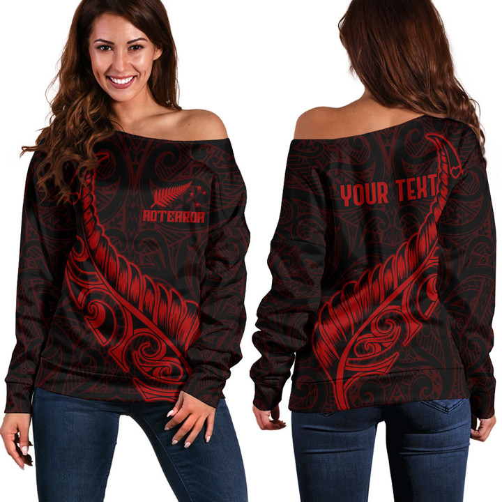 RugbyLife Clothing - (Custom) New Zealand Aotearoa Maori Fern - Red Version Off Shoulder Sweater A7 | RugbyLife