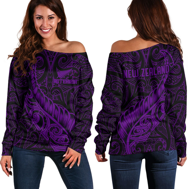 RugbyLife Clothing - New Zealand Aotearoa Maori Fern - Purple Version Off Shoulder Sweater A7 | RugbyLife