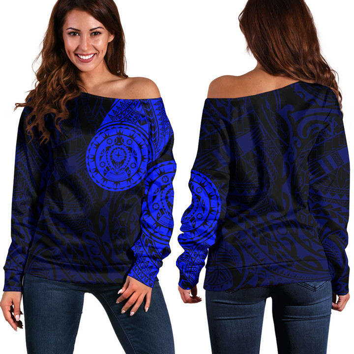 RugbyLife Clothing - Polynesian Tattoo Style Turtle - Blue Version Off Shoulder Sweater A7 | RugbyLife