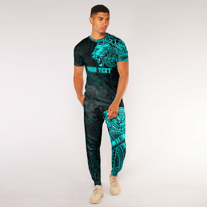 RugbyLife Clothing - Polynesian Tattoo Style Tribal Lion - Cyan Version T-Shirt and Jogger Pants A7 | RugbyLife