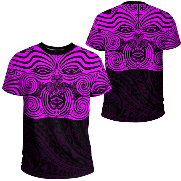 RugbyLife Clothing - Polynesian Tattoo Style Maori Traditional Mask - Pink Version T-Shirt A7 | RugbyLife