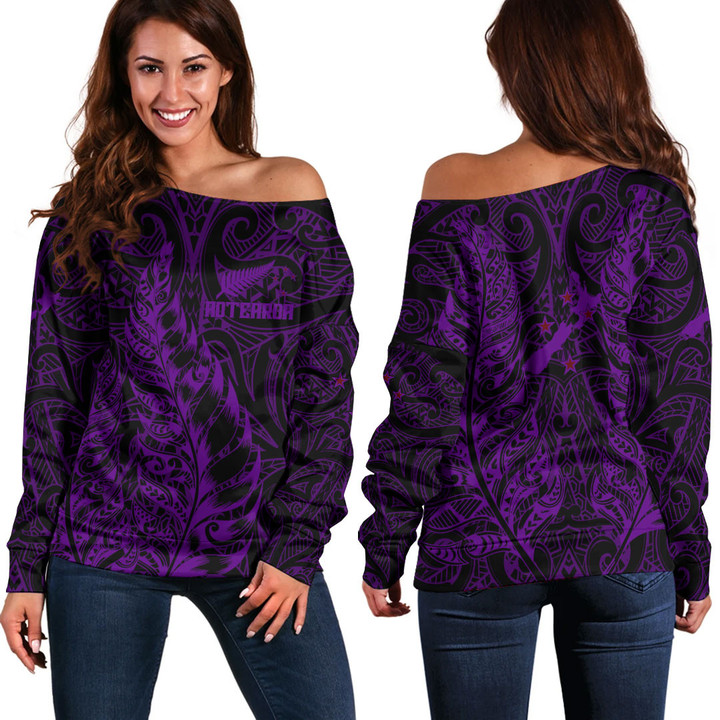 RugbyLife Clothing - New Zealand Aotearoa Maori Silver Fern New - Purple Version Off Shoulder Sweater A7 | RugbyLife