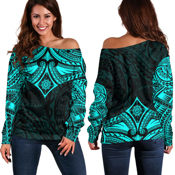 RugbyLife Clothing - Polynesian Tattoo Style Flower - Cyan Version Off Shoulder Sweater A7 | RugbyLife