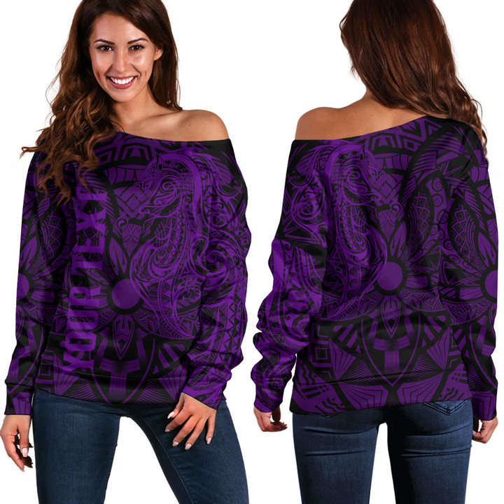 RugbyLife Clothing - (Custom) Polynesian Tattoo Style Horse - Purple Version Off Shoulder Sweater A7 | RugbyLife
