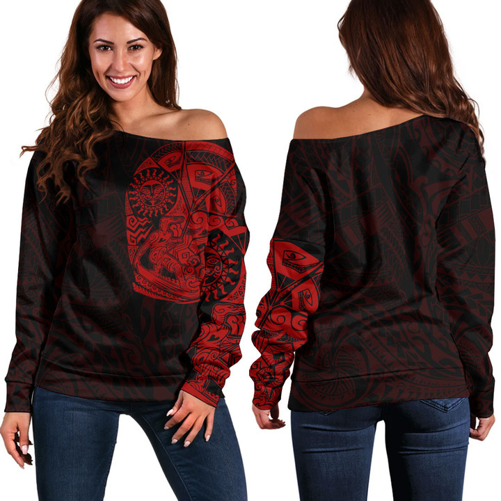 RugbyLife Clothing - Kite Surfer Maori Tattoo With Sun And Waves - Red Version Off Shoulder Sweater A7 | RugbyLife