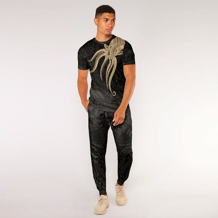 RugbyLife Clothing - Polynesian Tattoo Style Octopus Tattoo - Gold Version T-Shirt and Jogger Pants A7 | RugbyLife