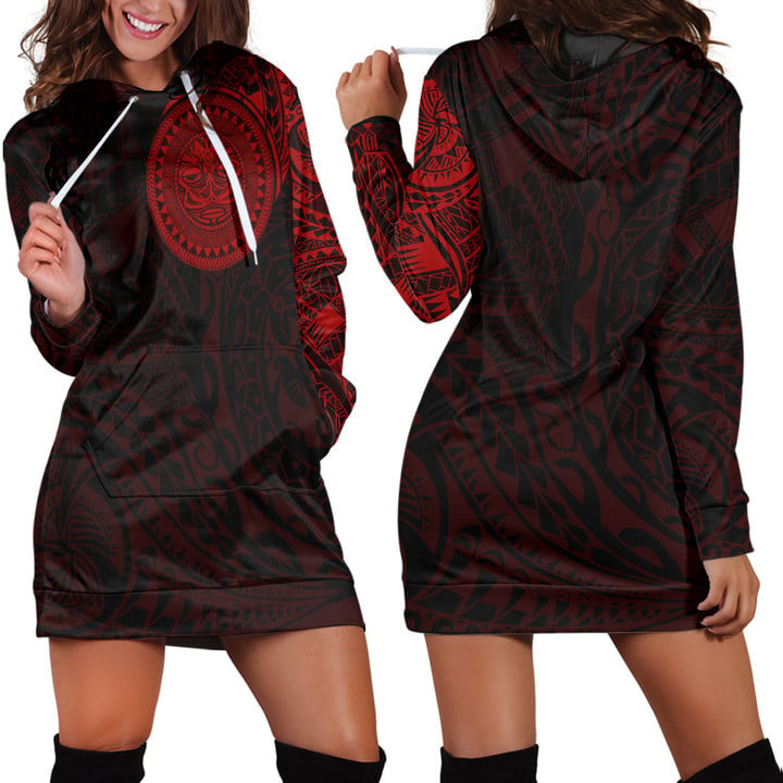RugbyLife Clothing - Polynesian Sun Mask Tattoo Style - Red Version Hoodie Dress A7 | RugbyLife