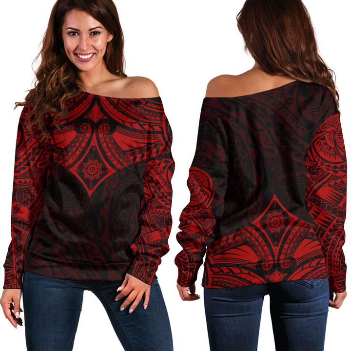 RugbyLife Clothing - Polynesian Tattoo Style Flower - Red Version Off Shoulder Sweater A7 | RugbyLife