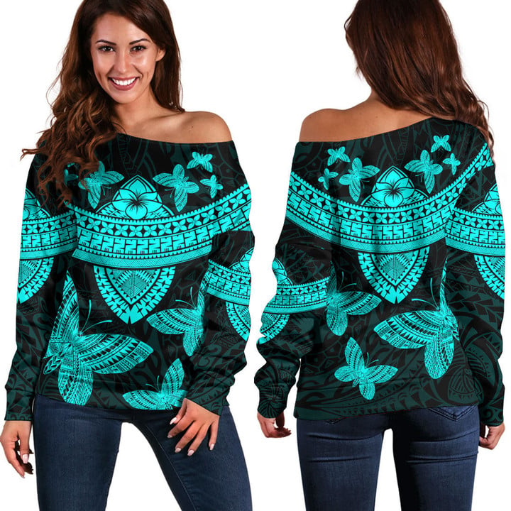 RugbyLife Clothing - Polynesian Tattoo Style Butterfly - Cyan Version Off Shoulder Sweater A7 | RugbyLife