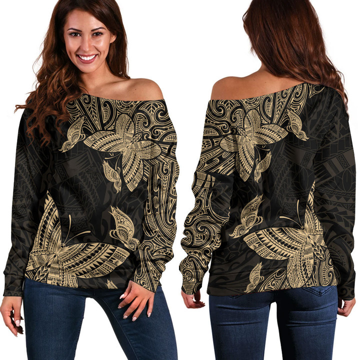 RugbyLife Clothing - Polynesian Tattoo Style Butterfly Special Version - Gold Version Off Shoulder Sweater A7 | RugbyLife