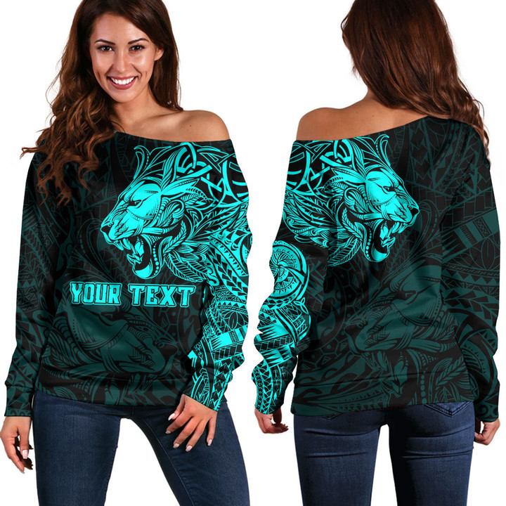 RugbyLife Clothing - Polynesian Tattoo Style Tribal Lion - Cyan Version Off Shoulder Sweater A7 | RugbyLife