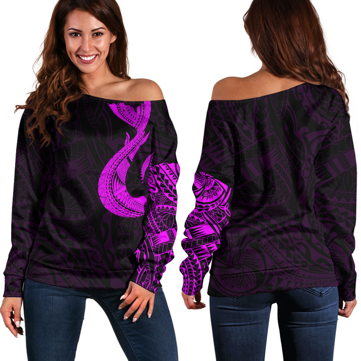 RugbyLife Clothing - Polynesian Tattoo Style Hook - Pink Version Off Shoulder Sweater A7 | RugbyLife