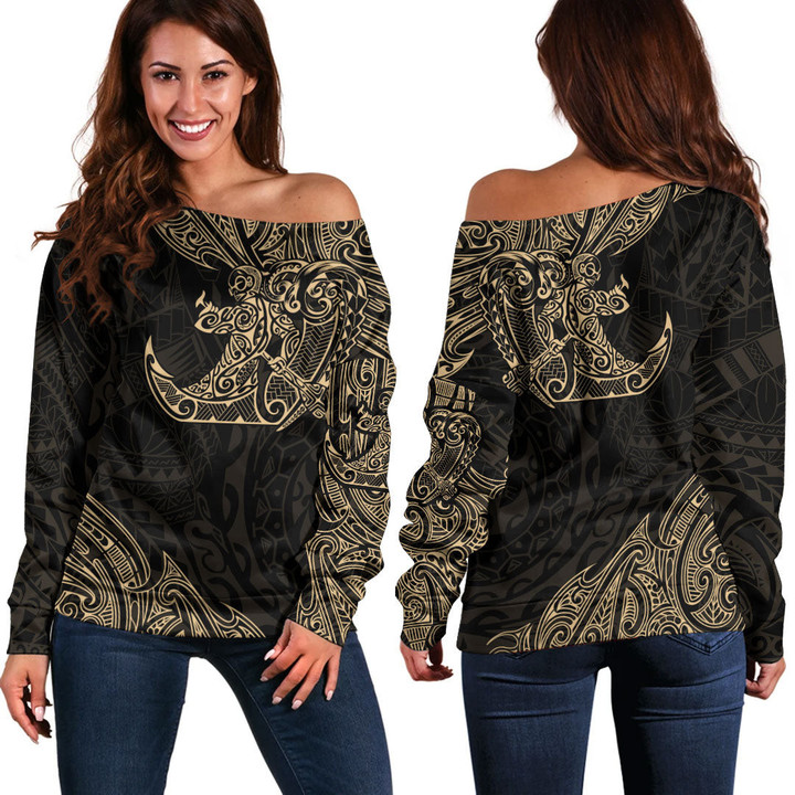 RugbyLife Clothing - Polynesian Tattoo Style Surfing - Gold Version Off Shoulder Sweater A7 | RugbyLife