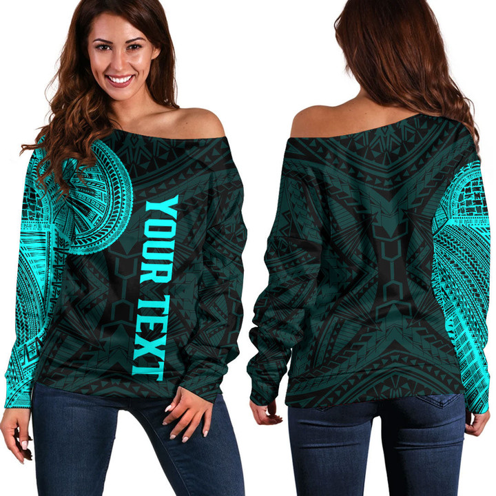 RugbyLife Clothing - (Custom) Polynesian Tattoo Style - Cyan Version Off Shoulder Sweater A7 | RugbyLife