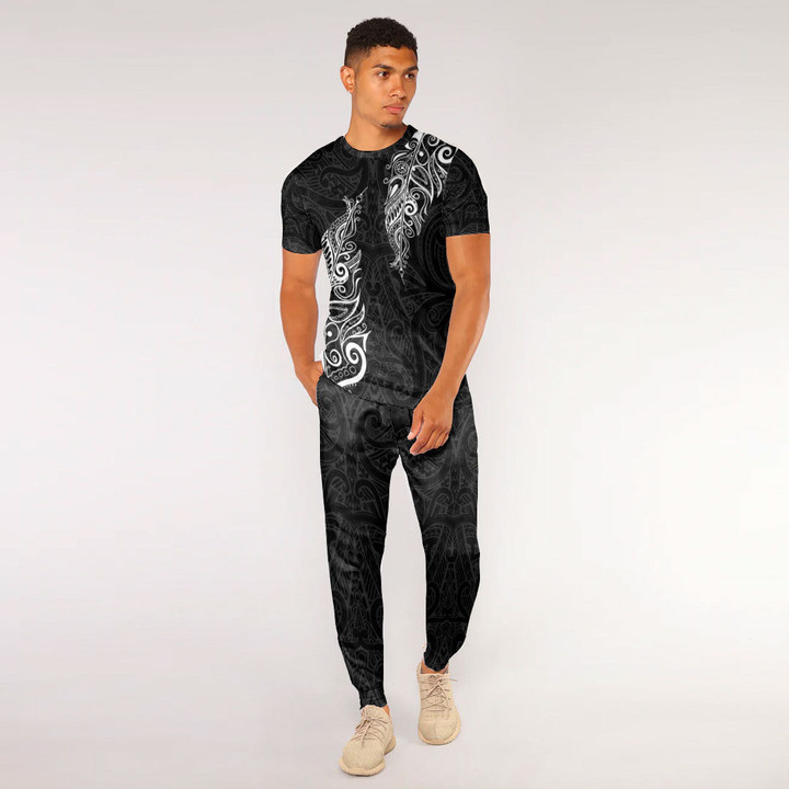 RugbyLife Clothing - Polynesian Tattoo Style Maori Silver Fern - T-Shirt and Jogger Pants A7 | RugbyLife