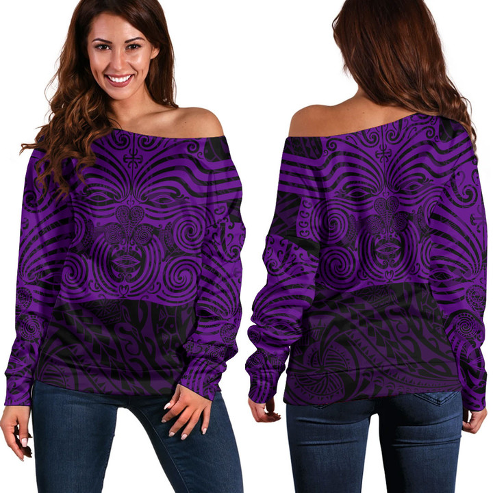 RugbyLife Clothing - Polynesian Tattoo Style Maori Traditional Mask - Purple Version Off Shoulder Sweater A7 | RugbyLife