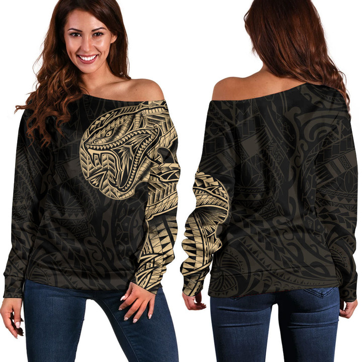 RugbyLife Clothing - Polynesian Tattoo Style Snake - Gold Version Off Shoulder Sweater A7 | RugbyLife