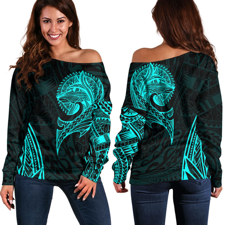 RugbyLife Clothing - Polynesian Tattoo Style Wolf - Cyan Version Off Shoulder Sweater A7 | RugbyLife