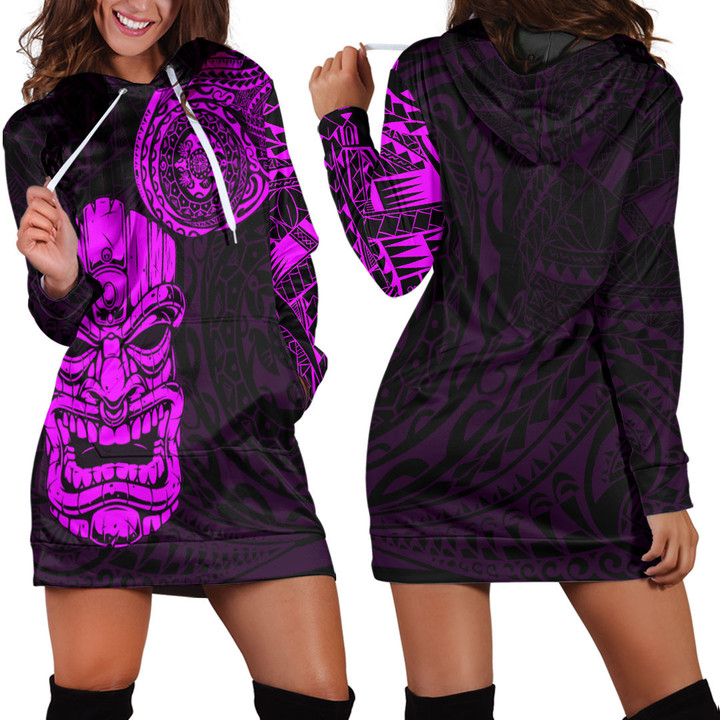 RugbyLife Clothing - Polynesian Tattoo Style Tiki - Pink Version Hoodie Dress A7 | RugbyLife