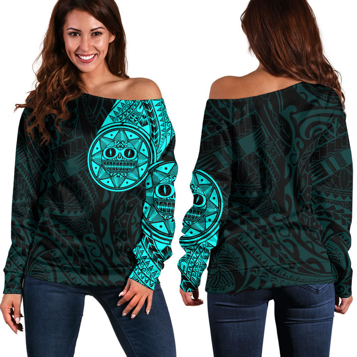 RugbyLife Clothing - Polynesian Tattoo Style Sun - Cyan Version Off Shoulder Sweater A7 | RugbyLife
