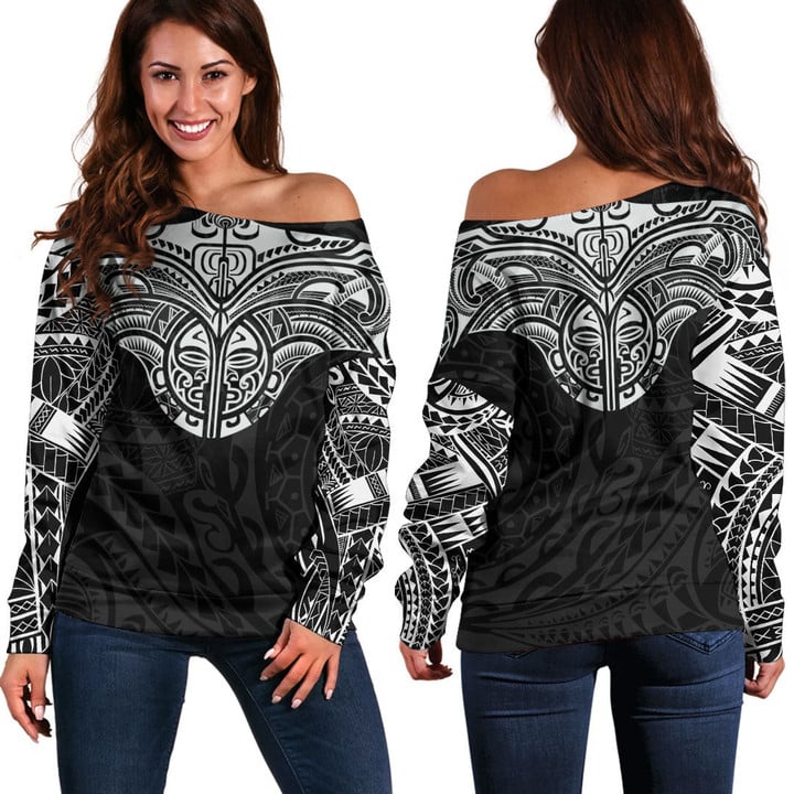 RugbyLife Clothing - Polynesian Tattoo Style Tattoo Off Shoulder Sweater A7 | RugbyLife