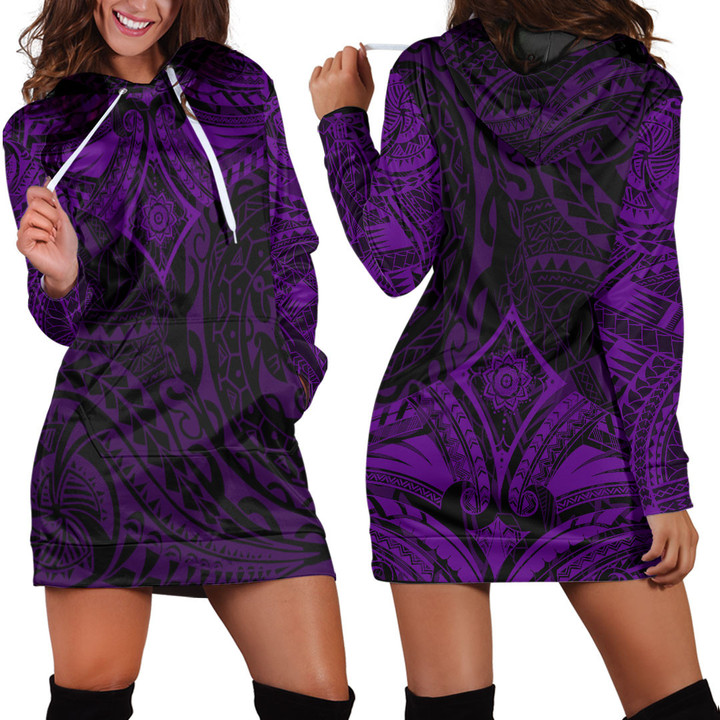 RugbyLife Clothing - Polynesian Tattoo Style Flower - Purple Version Hoodie Dress A7 | RugbyLife