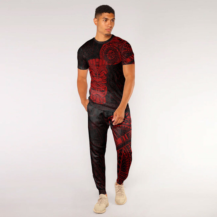 RugbyLife Clothing - Polynesian Tattoo Style Tiki - Red Version T-Shirt and Jogger Pants A7 | RugbyLife