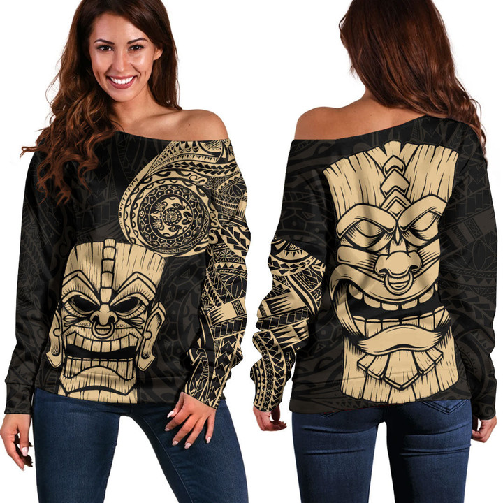 RugbyLife Clothing - Polynesian Tattoo Style Tiki - Gold Version Off Shoulder Sweater A7 | RugbyLife