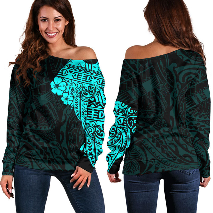 RugbyLife Clothing - Polynesian Tattoo Style Melanesian Style Aboriginal Tattoo - Cyan Version Off Shoulder Sweater A7 | RugbyLife