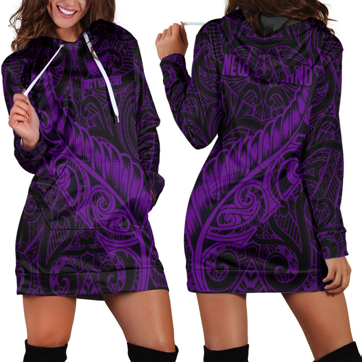 RugbyLife Clothing - New Zealand Aotearoa Maori Fern - Purple Version Hoodie Dress A7 | RugbyLife