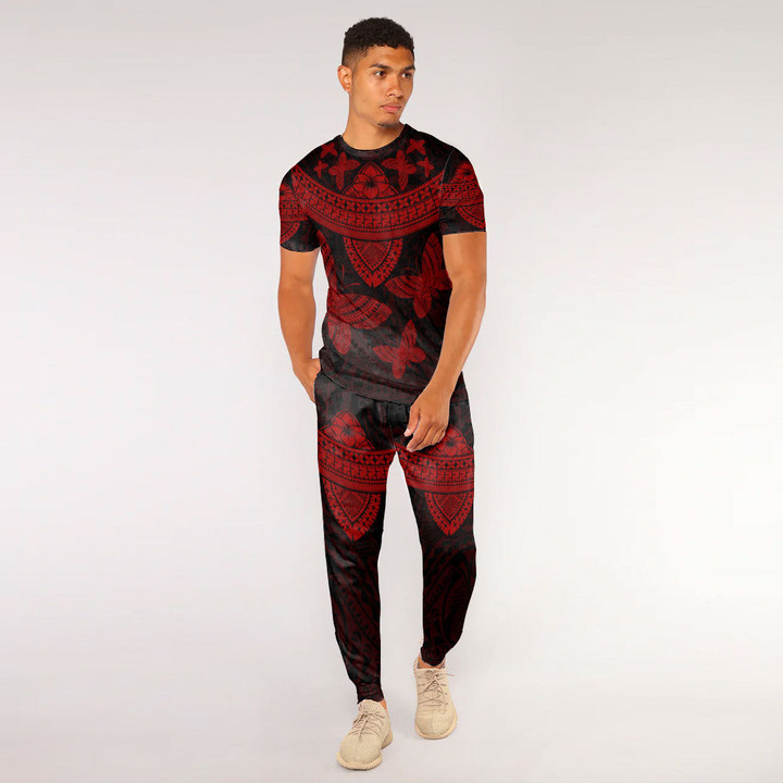 RugbyLife Clothing - Polynesian Tattoo Style Butterfly - Red Version T-Shirt and Jogger Pants A7 | RugbyLife