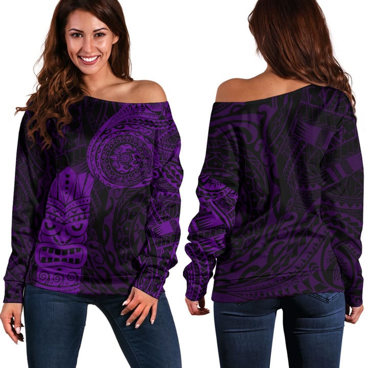 RugbyLife Clothing - Polynesian Tattoo Style Tiki - Purple Version Off Shoulder Sweater A7 | RugbyLife