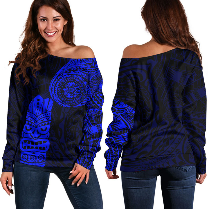 RugbyLife Clothing - Polynesian Tattoo Style Tiki - Blue Version Off Shoulder Sweater A7 | RugbyLife