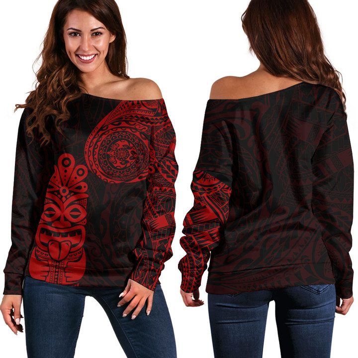 RugbyLife Clothing - Polynesian Tattoo Style Tiki - Red Version Off Shoulder Sweater A7 | RugbyLife