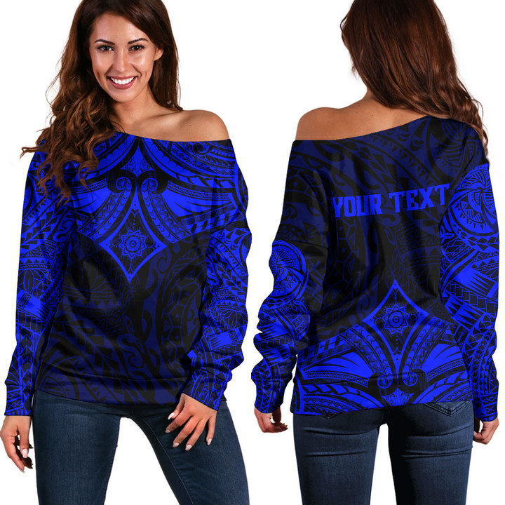 RugbyLife Clothing - (Custom) Polynesian Tattoo Style Flower - Blue Version Off Shoulder Sweater A7 | RugbyLife