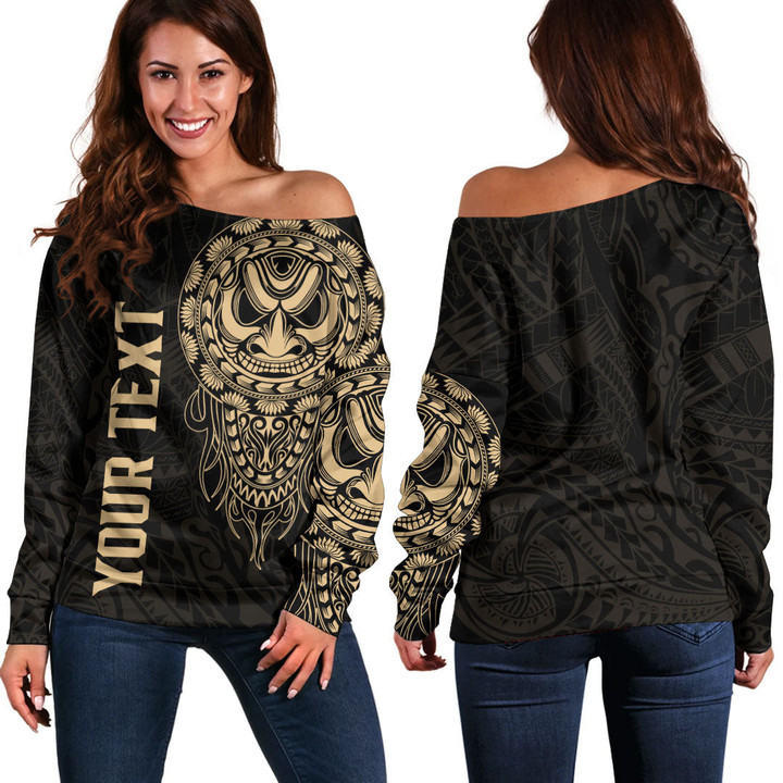 RugbyLife Clothing - (Custom) Polynesian Tattoo Style Mask Native - Gold Version Off Shoulder Sweater A7 | RugbyLife