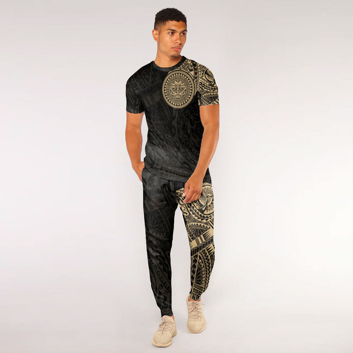 RugbyLife Clothing - Polynesian Sun Mask Tattoo Style - Gold Version T-Shirt and Jogger Pants A7 | RugbyLife