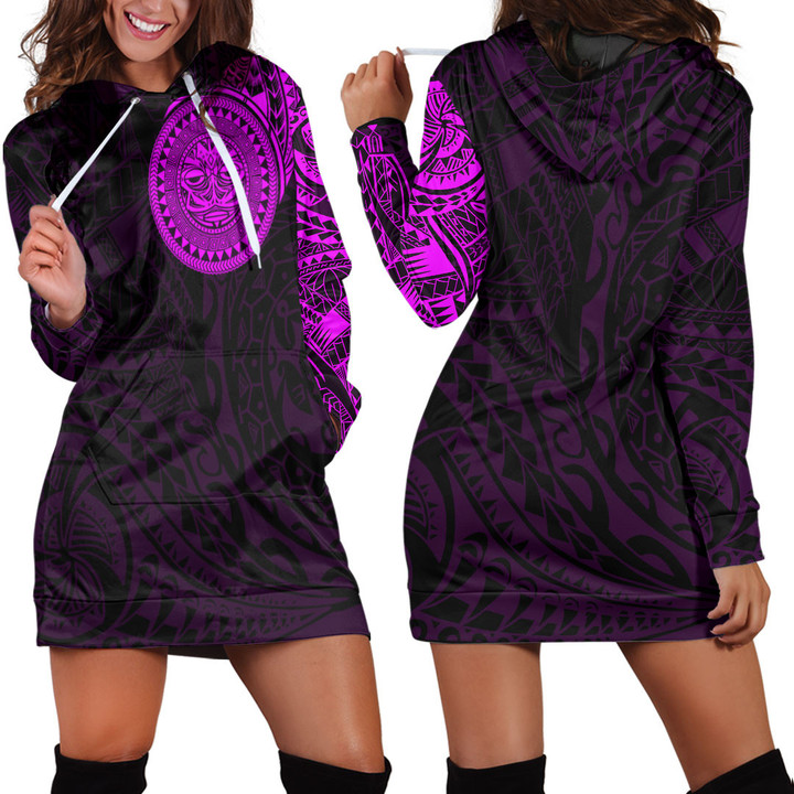RugbyLife Clothing - Polynesian Sun Mask Tattoo Style - Pink Version Hoodie Dress A7 | RugbyLife