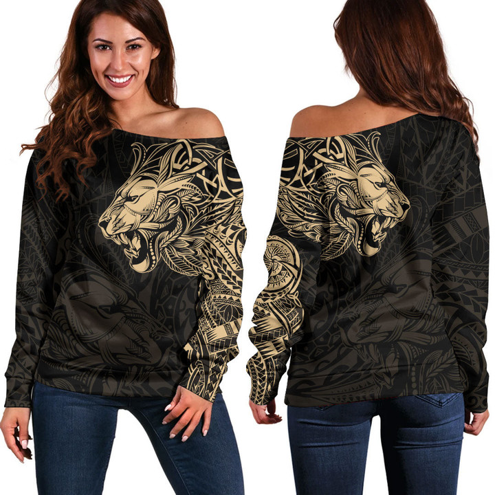 RugbyLife Clothing - Polynesian Tattoo Style Tribal Lion - Gold Version Off Shoulder Sweater A7 | RugbyLife
