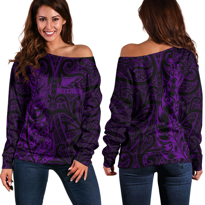 RugbyLife Clothing - New Zealand Aotearoa Maori Silver Fern - Purple Version Off Shoulder Sweater A7 | RugbyLife